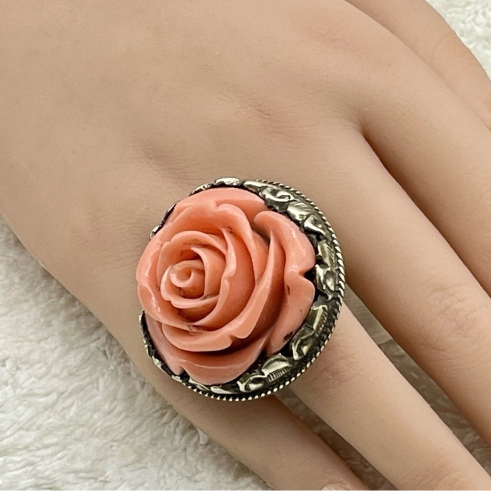 Vintage Coral/Pink Rose Cocktail Ring, Lucite w/ Silver-tone Base, Adjustable